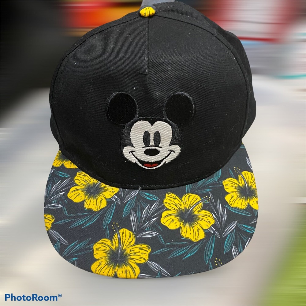 Disney Mickey Mouse Floral‎ Hibiscus Snapback Hat Black Yellow GUA5469 Mens Cap